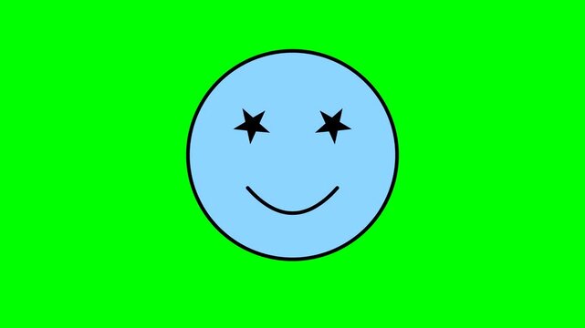Star-eyed smiley character rendered in pastel blue appears centered on a vivid green background.