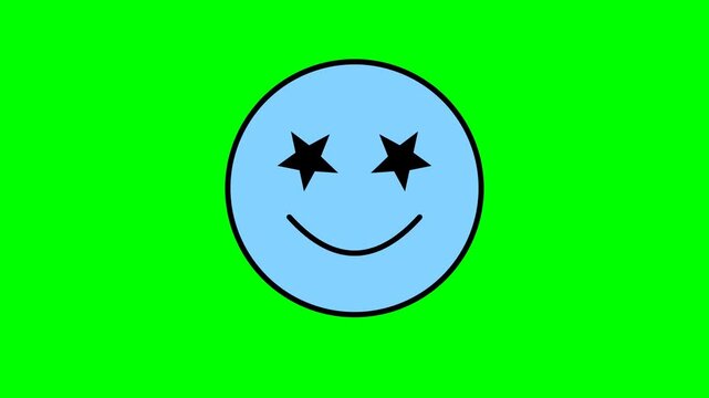 Smiley face icon featuring blue color with black star eyes displayed against a bright green background.