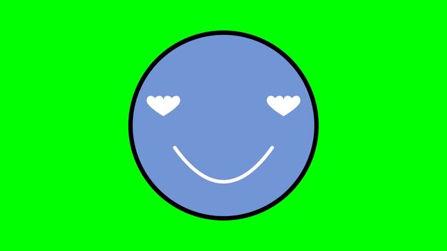 Blue emoticon character with styled heart eyes smiles happily against a green screen background.