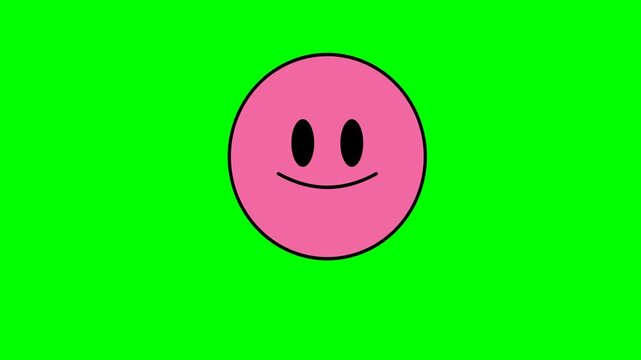 Pink emoticon face with simple black oval eyes and a happy smile set against a solid green screen backdrop.