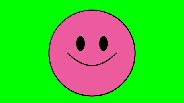 Pink smiley face icon with a simple black line smile and oval eyes stands out against a vivid green screen background.