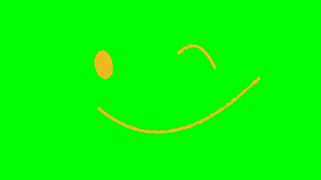 Winking smile line art rendered in thin yellow stroke details rests over a bright chroma key green background.
