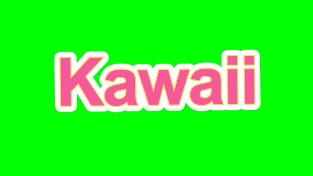 Kawaii word art render features bold pink letters with clean white outline effects centered on a green screen.