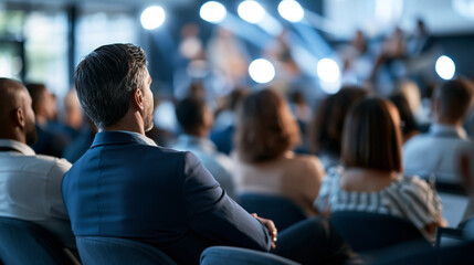 Obraz premium Backs of attendees facing a bright clean well lit stage with speakers in the background wide conference shot concept public event business seminar professional networking