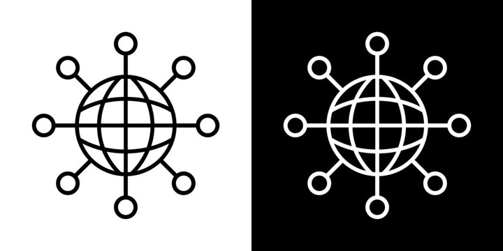 Globe sphere with radial connection node lines extending outward line icon set. Vector illustration representing global data sharing and networking.