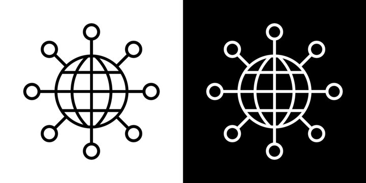 Globe sphere with radial connection node lines extending outward line icon set. Vector illustration representing global data sharing and networking.