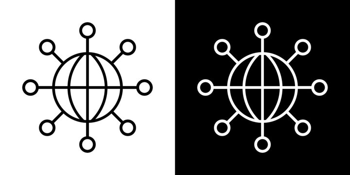Globe sphere with radial connection node lines extending outward line icon set. Vector illustration representing global data sharing and networking.