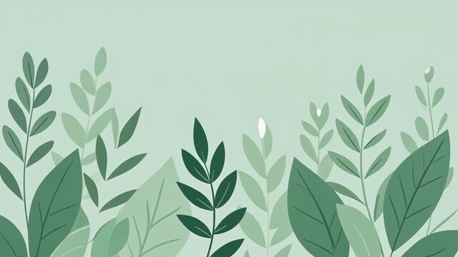 Flat vector botanical leaf shapes in soft green tones gently swaying, nature illustration motion background