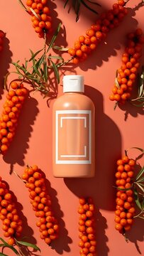 A cosmetic bottle is surrounded by clusters of ripe sea buckthorn berries on a warm coral background