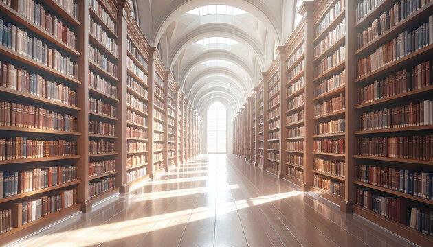 Sunlight illuminates a grand, quiet library corridor with endless bookshelves of vintage books. Nobody is present in this majestic, inspiring sanctuary of timeless wisdom.