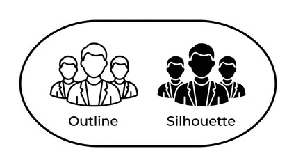 Fototapeta premium Team Icon: A clear depiction of team representation with two styles, outline and silhouette, showcasing group of people figures for conceptual use.