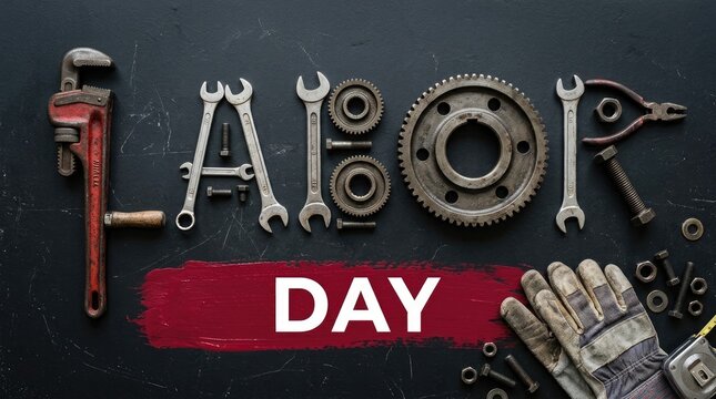 Creative labor day background featuring various metal work tools arranged to spell out the word labor