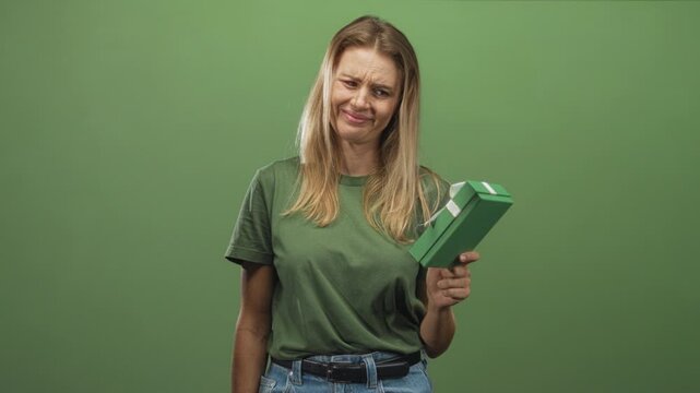 Woman holding a narrow green gift box at chest level with a puzzled grimace and slight frown against a studio backdrop under soft lighting; confusion.