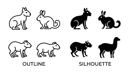 Fototapeta premium Rabbit and Capybara Icon Set: A collection of stylized outline and silhouette icons featuring rabbits and capybaras, perfect for digital design and graphic representation.