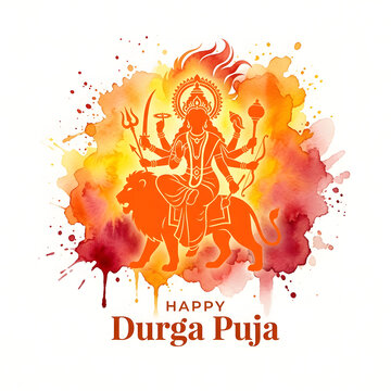 Goddess Durga on Lion Watercolor Illustration for Happy Durga Puja Festival Celebration