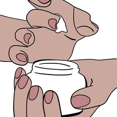 Obraz premium Doodle illustration of hands holding cream tube, makeup, health care 