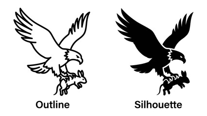 Naklejka premium Eagle Emblem Set: An eagle illustration in outline and silhouette form, both depicted in the act of capturing prey, representing strength and dominance.