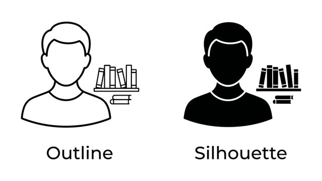 Bookworm Identity: A person's silhouette and outline stand next to a bookshelf, representing the concept of knowledge seeker and reader.