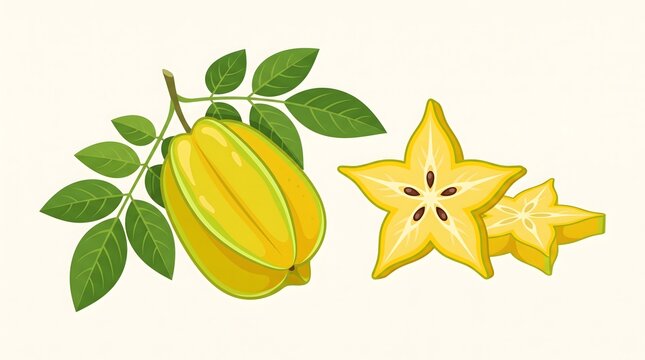Vector illustration of fresh yellow star fruit or carambola with green leaves and star-shaped slices isolated on a white background