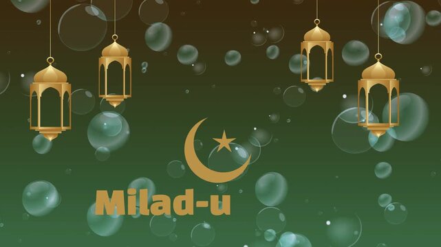 Milad un Nabi Islamic Background with Golden Lanterns, Crescent Moon and Star