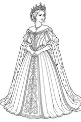 Elegant European Queen in Ornate Royal Gown Line Art © Fajar art