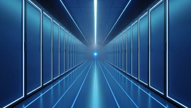 青色照明のサーバーラック通路が奥へ続くデータセンターの風景