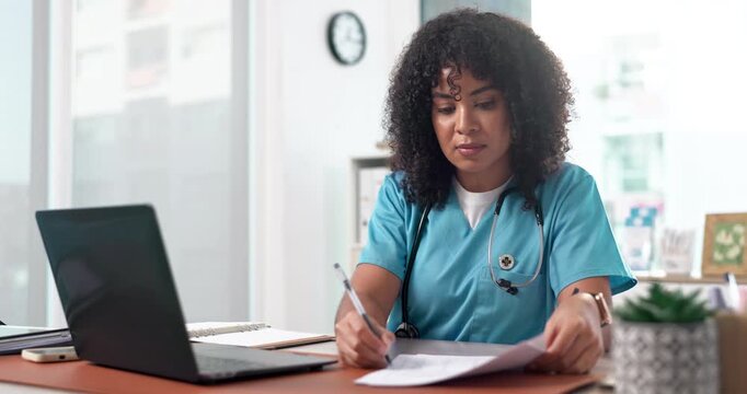 Woman, nurse and reading in office with document, medical report and referral letter for surgery. Nursing, person and laptop in hospital with paperwork, test results and writing script for healthcare