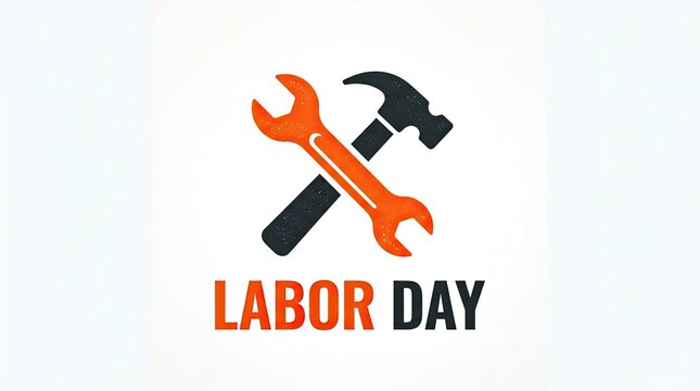 A festive labor day graphic featuring a crossed wrench and hammer icon on a clean white background
