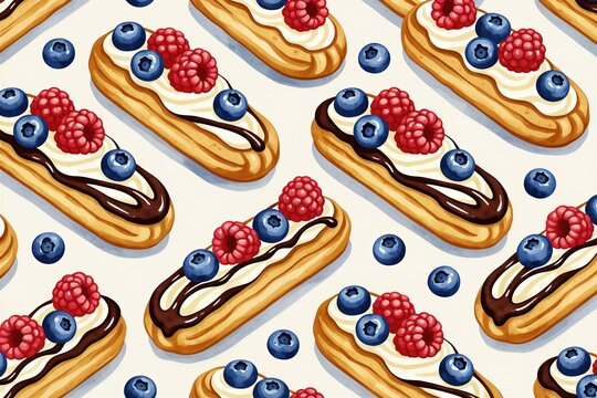 Seamless pattern of eclairs filled with cream topped with fresh raspberries and blueberries. Delicious baked pastries decorated with chocolate icing and sugar dusting. Sweet dessert food illustration.