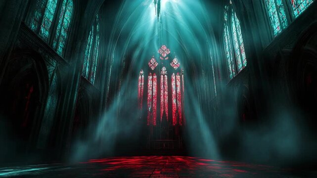 Dark gothic cathedral interior with colorful stained glass windows and dramatic volumetric light rays creating mystical spiritual atmosphere cinematic lighting and detailed medieval architecture scene