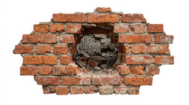 Damaged red brick wall section with a large circular hole isolated on generated using ai