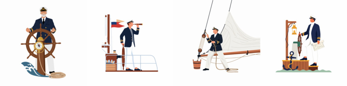 Sea Captain and Sailor Flat Vector Character Set; Maritime Activities Featuring Ship Steering Wheel, Using Telescope, Handling Sailing Ropes, and Nautical Equipment like Anchor and Lantern