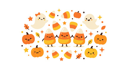 Fototapeta premium Cute Halloween background with ghosts and candy corn.