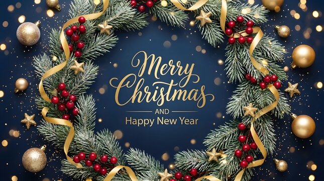 Elegant merry christmas and happy new year greeting card featuring a festive holiday wreath on a dark blue background