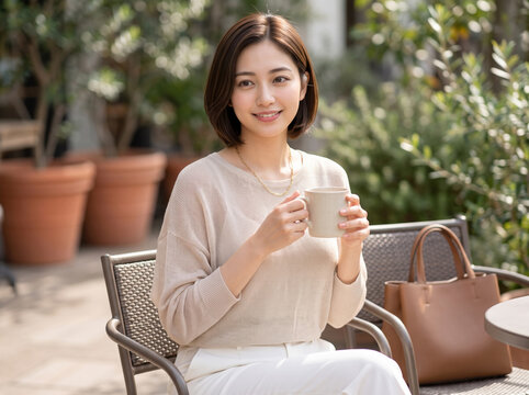 テラスの椅子に座り温かい飲み物を楽しむ女性