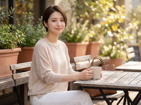 オープンカフェのテラス席で寛ぐ笑顔の女性