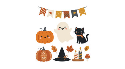 Fototapeta premium Cute Halloween sticker collection with ghost and pumpkin.