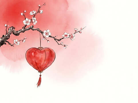Watercolor Chinese lantern hanging on a blooming cherry blossom branch for Lunar New Year