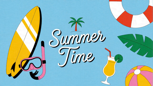 Summer-themed photo with beach items, tropical plants, and a playful vibe