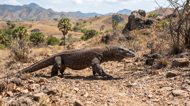 Komodo dragon walks across dry rocky terrain in a tropical landscape