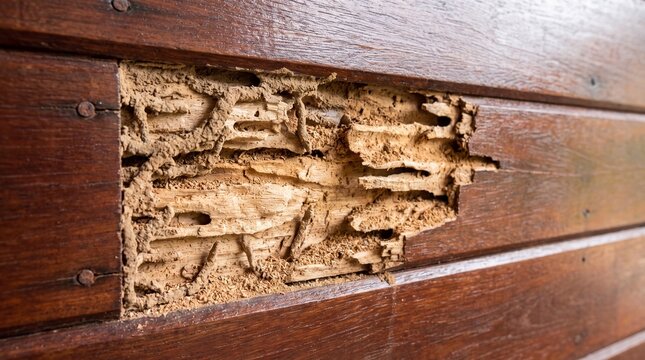 Dark brown wooden wall surface showing extensive internal structural damage caused by hungry termite insect colonies