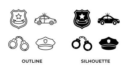 Police Icon Set: A collection of police-related icons in both outline and silhouette styles, featuring a badge, car, handcuffs, and cap, symbolizing law enforcement and order. © Joynob