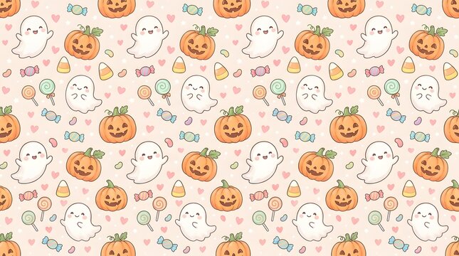 Cute halloween seamless pattern with ghosts pumpkins and candy