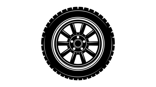 Black and white vector illustration of a standard car wheel with a classic seven-spoke alloy rim and normal tire tread, isolated on white.