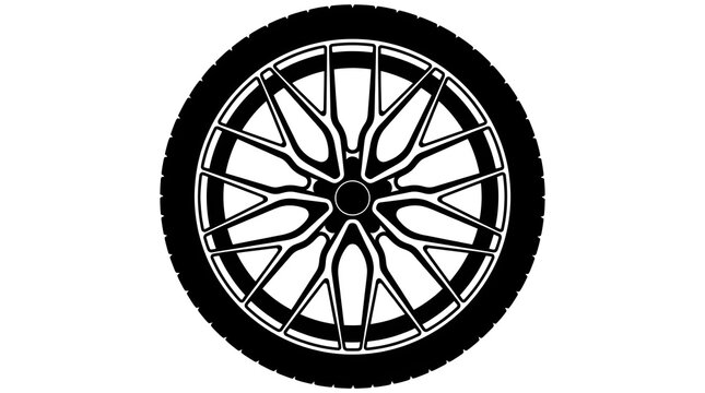 Detailed black and white silhouette of a modern car wheel featuring an intricate mesh or Y-spoke alloy rim and thin performance tire profile.