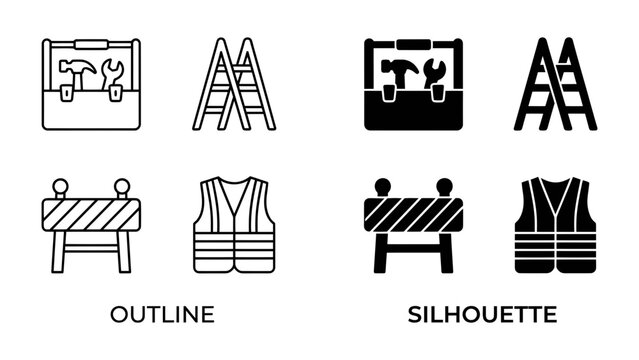 Construction Icons: A set of construction icons in both outline and silhouette styles, featuring a toolbox, ladder, safety barrier, and reflective vest.