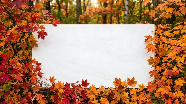 A blank white rectangular frame surrounded by vibrant autumn leaves with a soft blurred forest background for seasonal designs