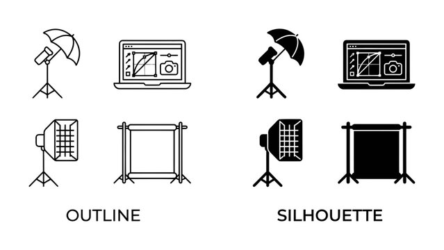 Photography Studio Setup Icons: A collection of icons illustrating essential photography studio equipment, including lighting, backdrop, and camera on a laptop.