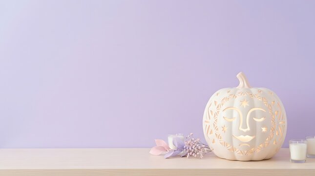 A decorative white pumpkin placed on a wooden table against a soft pastel purple wall for autumn home decor