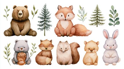 Obraz premium Cute Forest Animals and Trees Watercolor Set